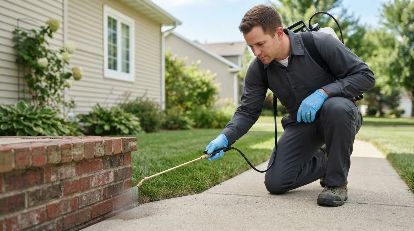 Pest control technician treating a home near Farmington, IL