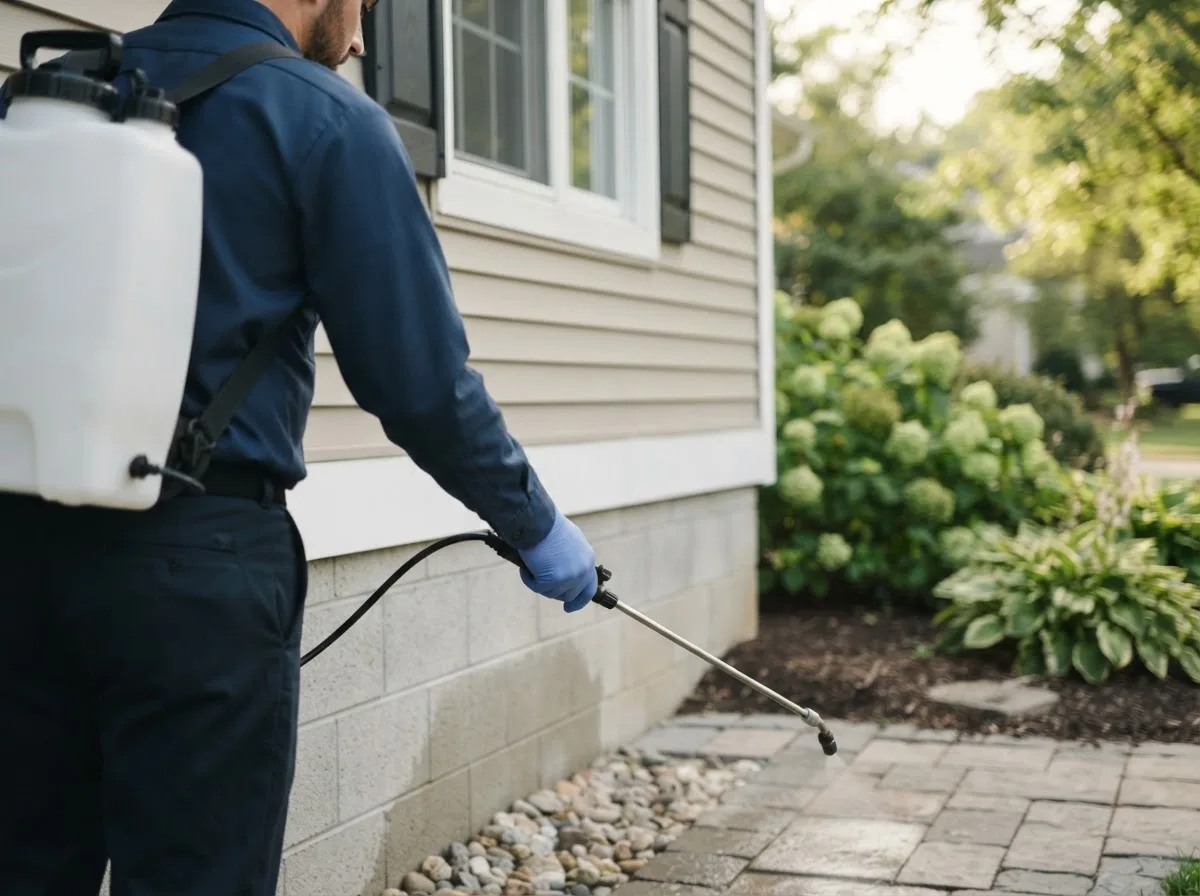 Pest control technician inspecting a home in Farmington, IL